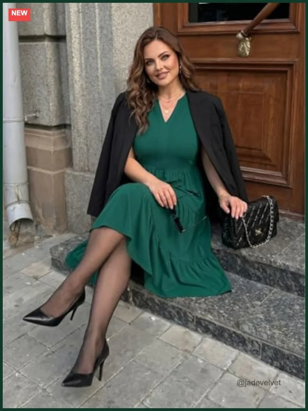 Plus Size V Neck Ruffle Sleeve Tiered Swing Dress with Pockets